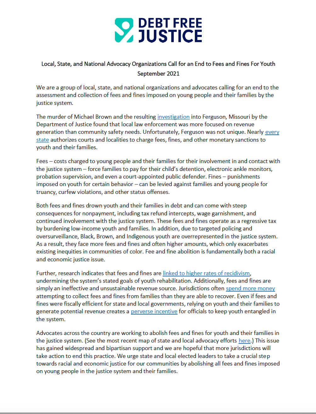 Local, state, and national advocacy organization statement in support of ending fees and fines for youth