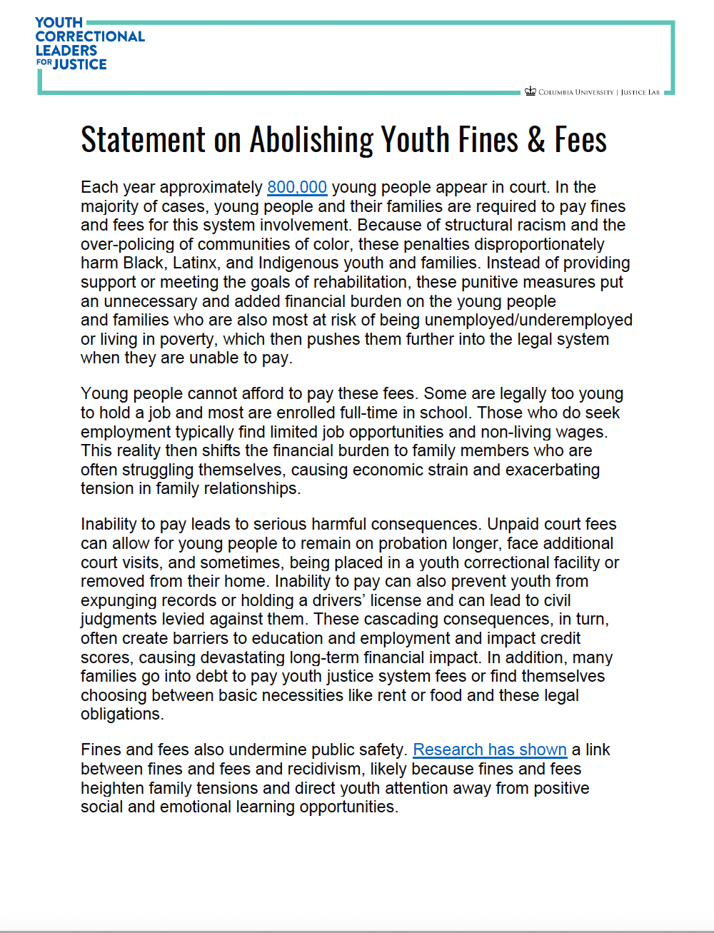 Youth Correctional Leaders for Justice Statement in support of ending fees and fines for youth